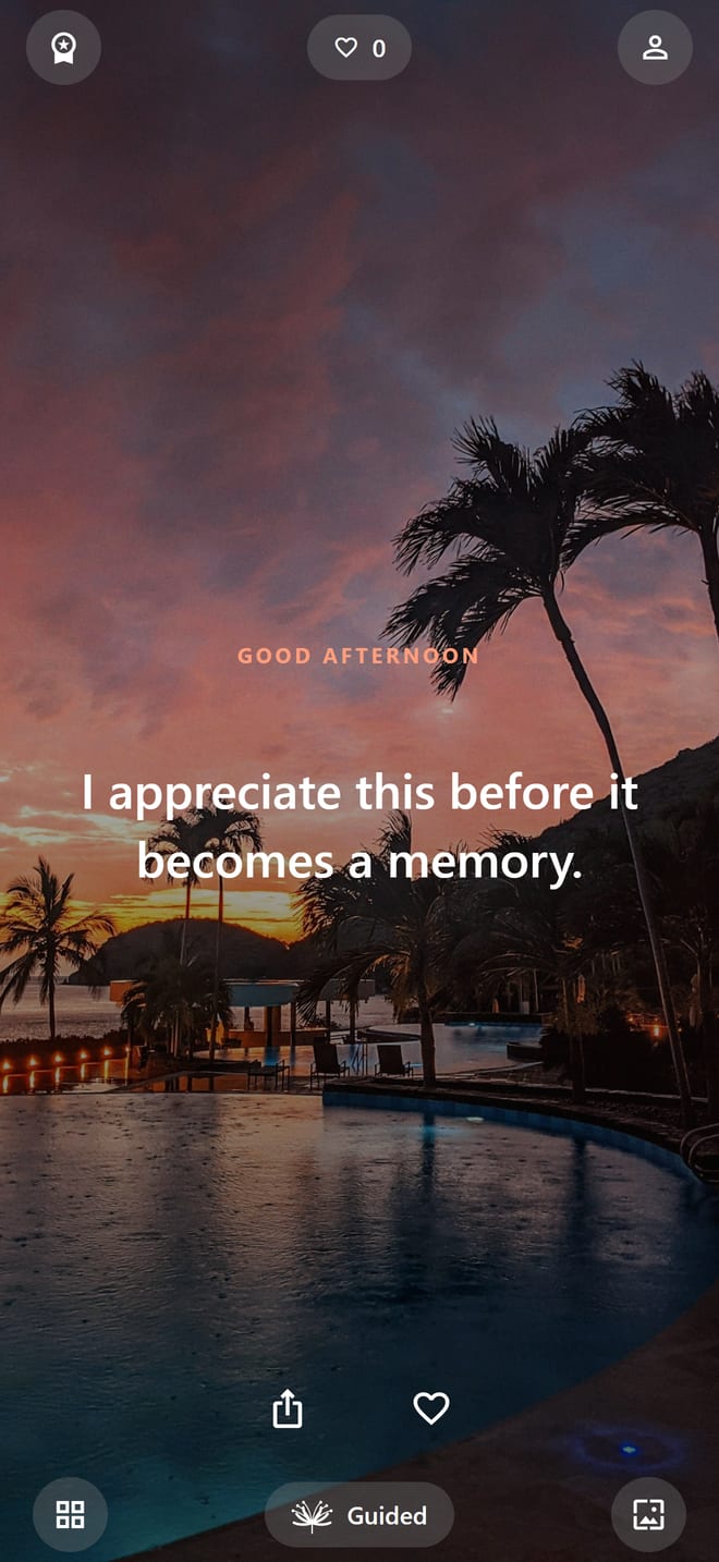 The Soul Lift home screen: an affirmation reading "I appreciate this before it becomes a memory." over a sunset photograph, with the guided session and theme controls below it.